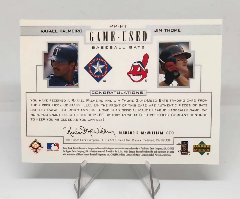Jim Thome/Rafael Palmeiro 2001 Upper Deck Pros & Prospects Silver Game-Used Dual Bat Patch Relic Card