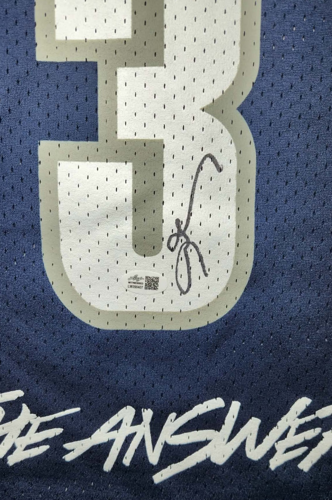 Allen Iverson Autographed Mitchell & Ness Georgetown Hoyas "The Answer" Replica Navy Blue Jersey - Leaf