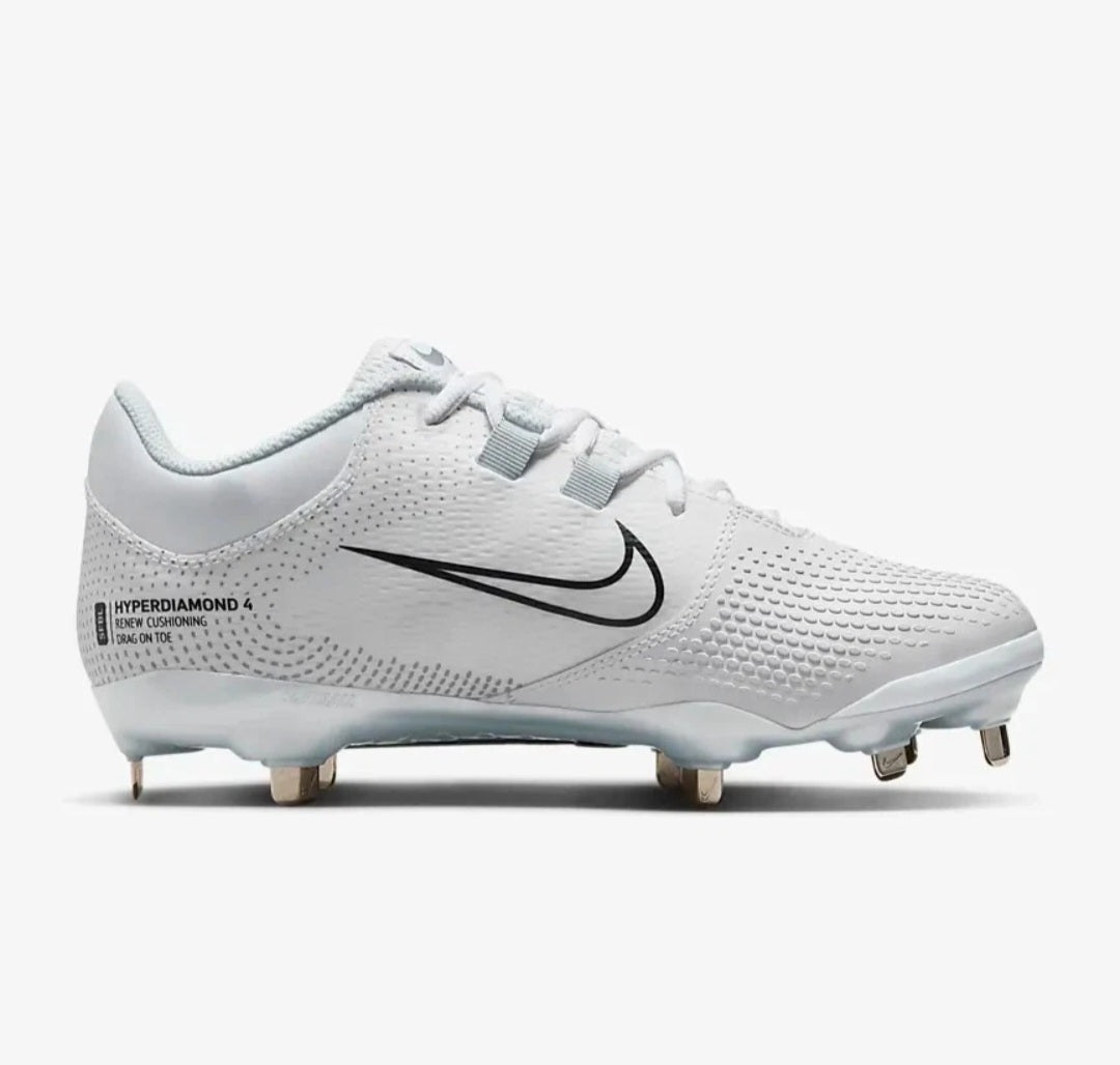 Nike Women's Hyperdiamond 4 Pro Metal in the Wolf White / Pure Platinum / Black colorway Softball/ Baseball Cleats (Copy)
