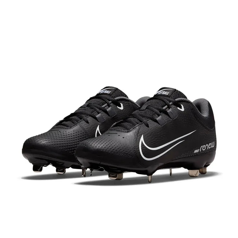 Nike Women's Hyperdiamond 4 Pro Metal in the Black / Pure Platinum/Iron Grey / Cool Grey Colorway Softball/ Baseball Cleats