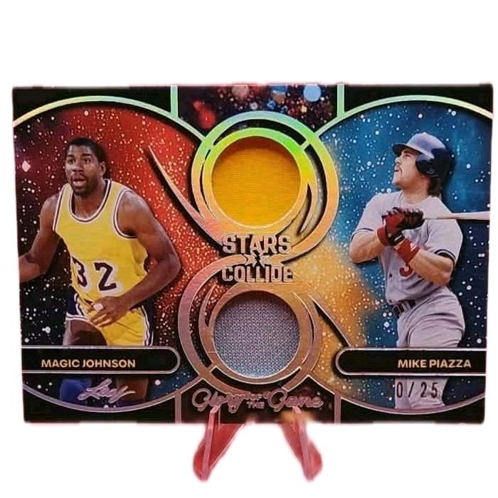 Magic Johnson & Mike Piazza - 2025 Leaf Glory Of The Game "Stars Collide" Dual Game Used Jersey Patch 20/25 Relic Card