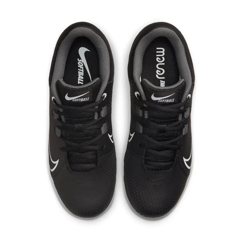 Nike Women's Hyperdiamond 4 Pro Metal in the Black / Pure Platinum/Iron Grey / Cool Grey Colorway Softball/ Baseball Cleats