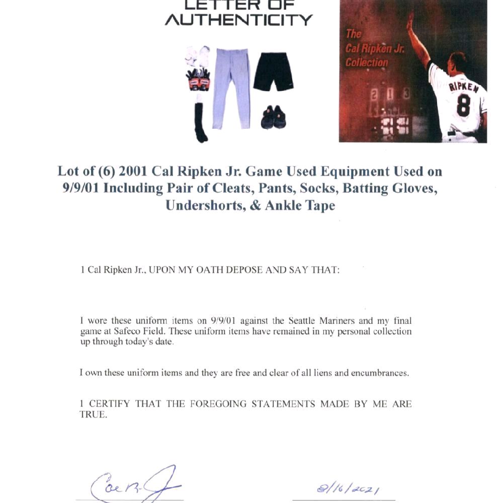 Cal Ripken Jr Baltimore Orioles Game-Worn Swatch "dated 9/9/2001," Retirement Season - 1996 Upper Deck Collector's Choice "Ripken Collection" #10 Mint Card, By Jersey Fusion