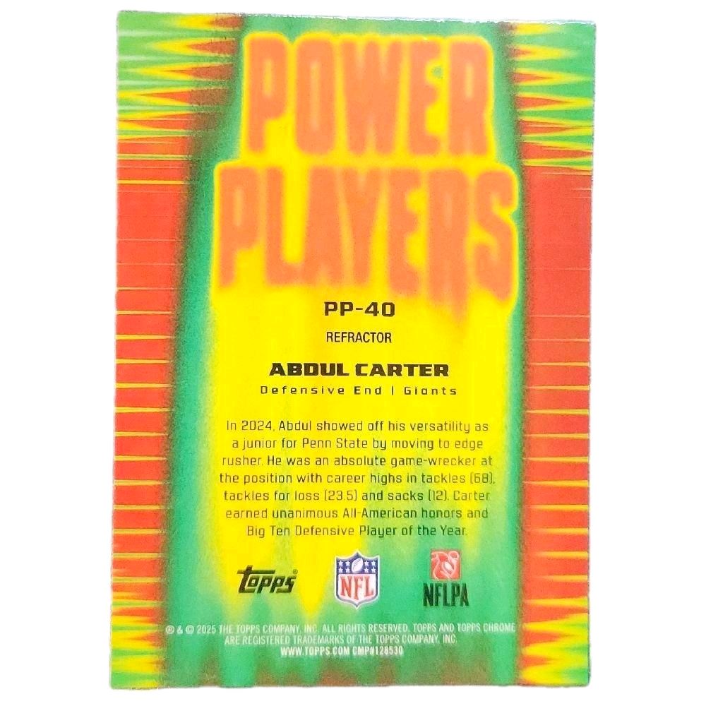 Abdul Carter NY Giants 2025 Topps Chrome Power Players Refractor Insert Rookie Card