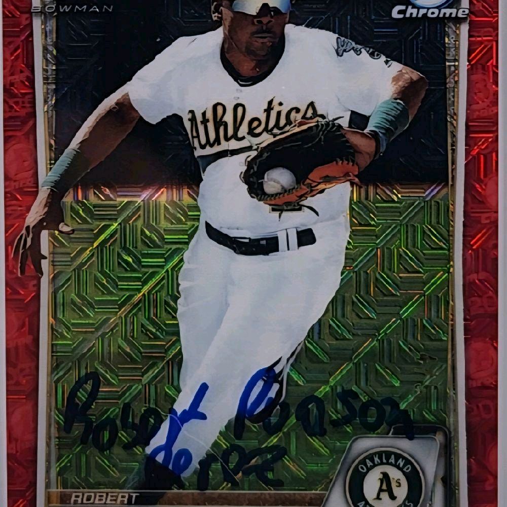 Robert Puason OaklandAthletics 2020 Bowman Chrome Mega Box Prospect Red Mojo Refractor 4 of 5 SSP Authentic Autograph Rookie Card - Beckett Authenticated (Extremely rare print!)