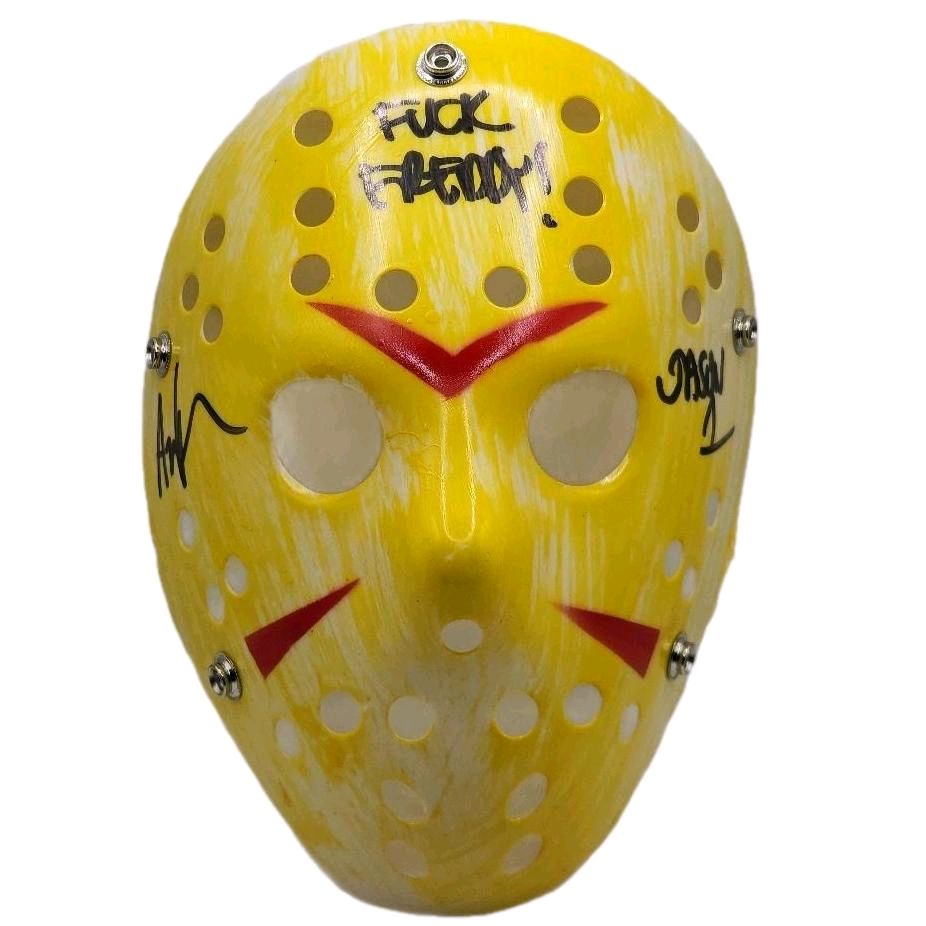 Friday The 13th Movie Jason Classic Yellow Hockey Mask Autographed / Inscribed "Fuck Freddy & Jason 1" By The Original Actor & Movie Icon Ari Lehman Beckett Authenticated