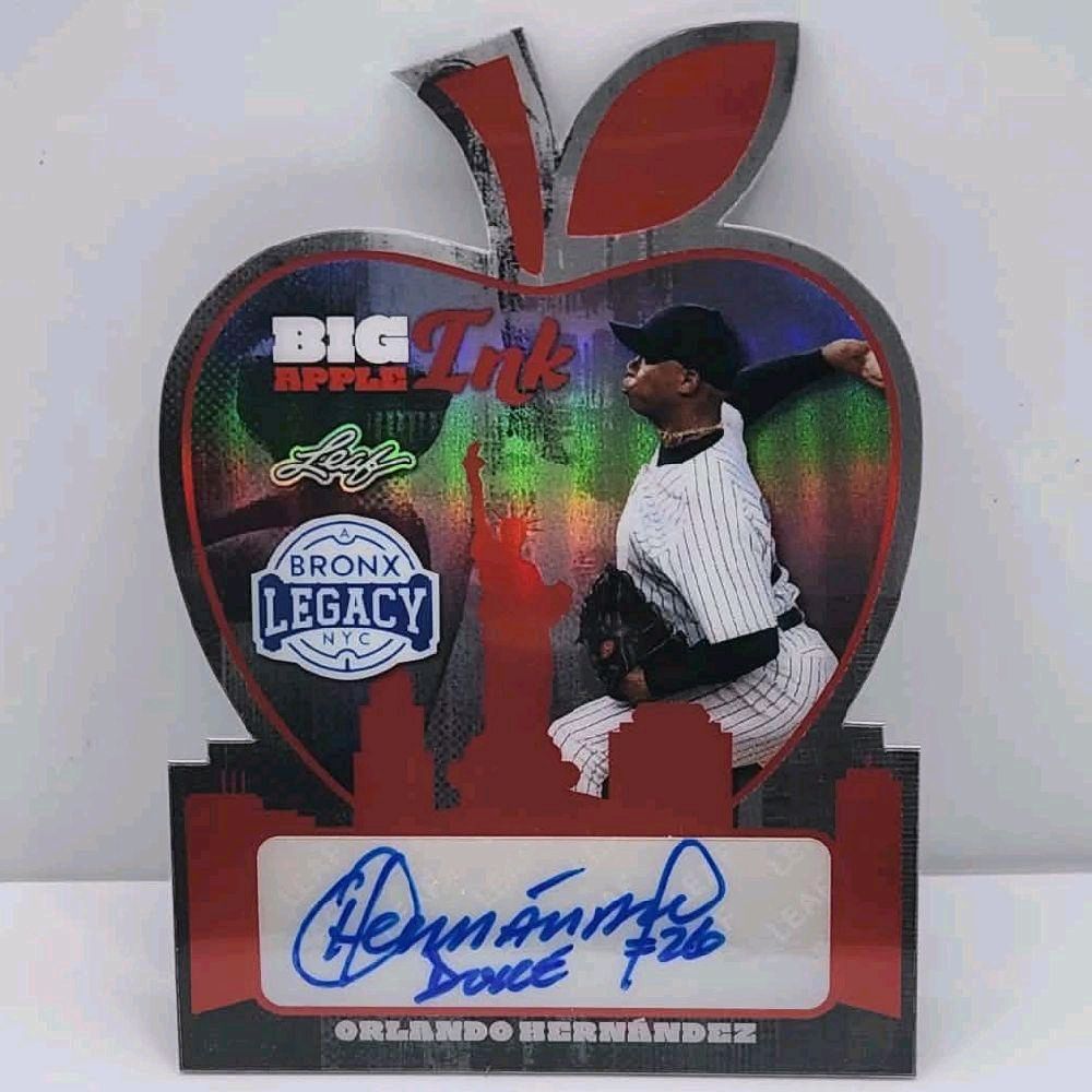 Orlando "El Duque" Hernández NY Yankees  2025 Leaf A Bronx Legacy Big Apple Ink Die-cut Autographed SSP 3 0f 3 Red Prizm Parallel Card (super rare & last on the print) NMT-MINT