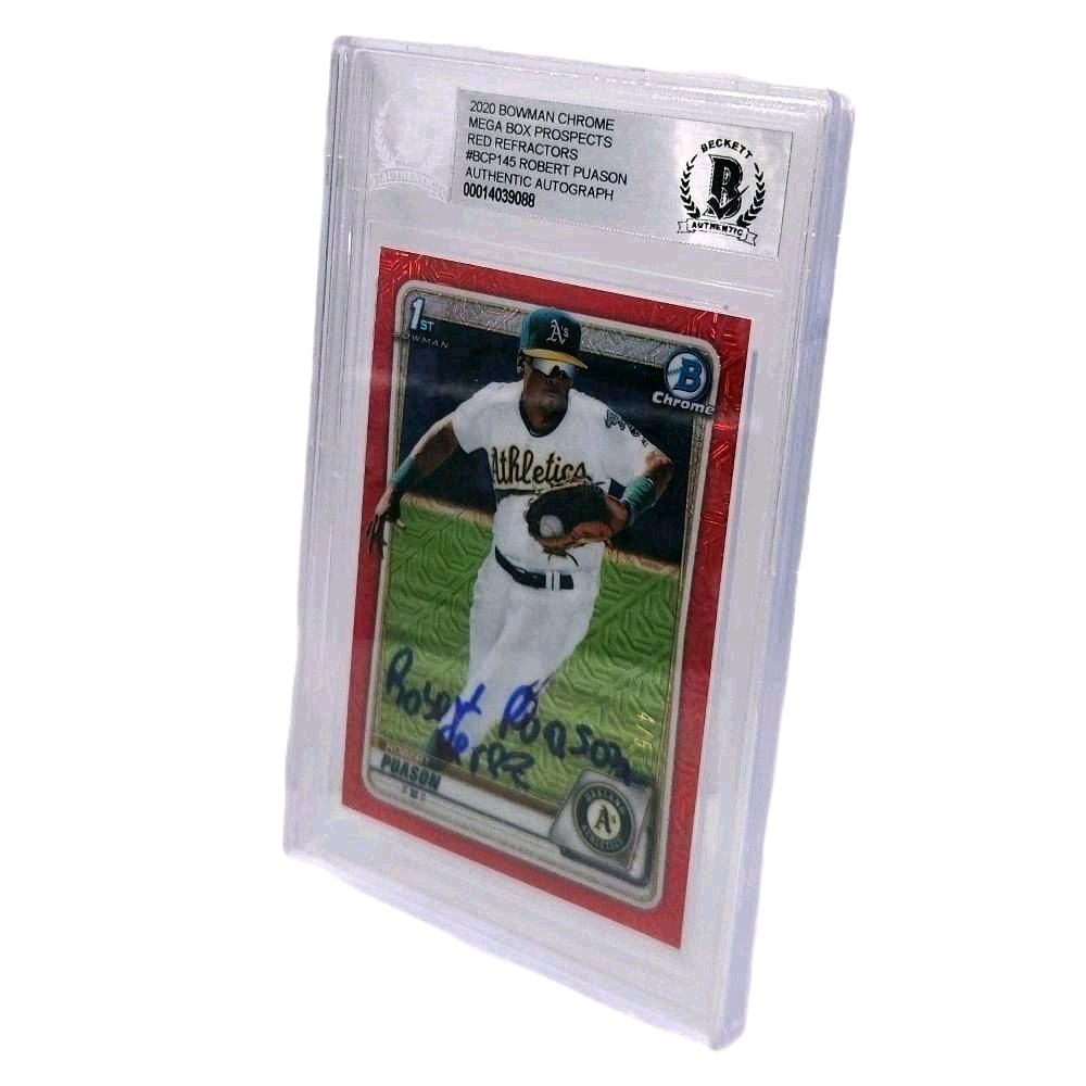 Robert Puason OaklandAthletics 2020 Bowman Chrome Mega Box Prospect Red Mojo Refractor 4 of 5 SSP Authentic Autograph Rookie Card - Beckett Authenticated (Extremely rare print!)