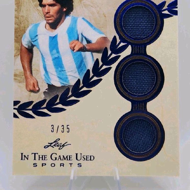 Diego Maradona - 2025 Leaf In The Game-Used Sports "Heroes Of History" Argentina Triple Jersey Patch Diego numbered to 3 of 35 Card