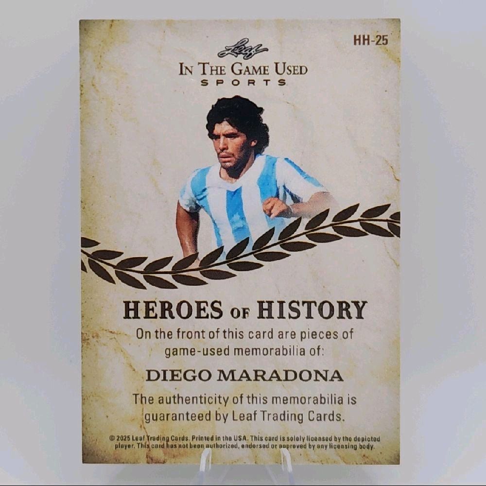 Diego Maradona - 2025 Leaf In The Game-Used Sports "Heroes Of History" Argentina Triple Jersey Patch Diego numbered to 3 of 35 Card