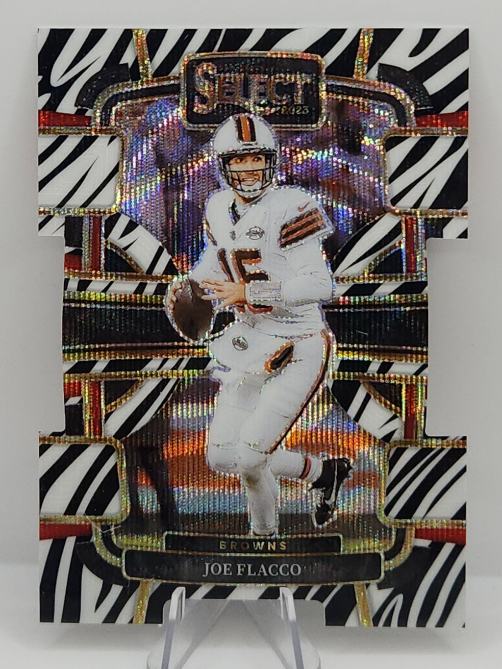 Joe Flacco - Cleveland Browns 2023 Panini Select Concourse Zebra Prizm Die-Cut Card #26 (Case Hit)