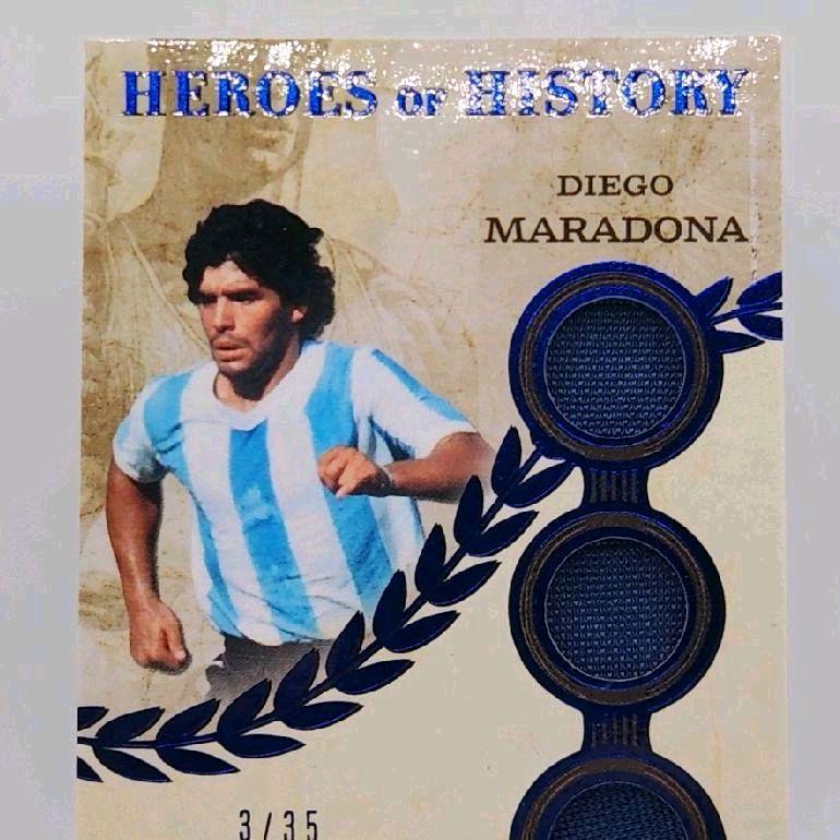 Diego Maradona - 2025 Leaf In The Game-Used Sports "Heroes Of History" Argentina Triple Jersey Patch Diego numbered to 3 of 35 Card