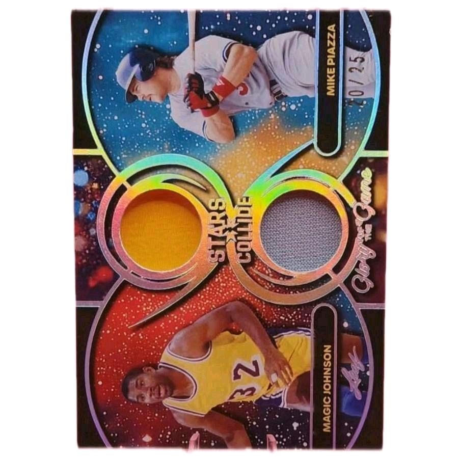 Magic Johnson & Mike Piazza - 2025 Leaf Glory Of The Game "Stars Collide" Dual Game Used Jersey Patch 20/25 Relic Card