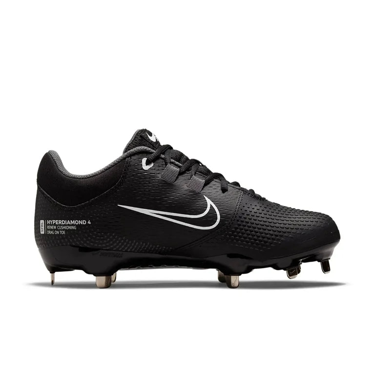 Nike Women's Hyperdiamond 4 Pro Metal in the Black / Pure Platinum/Iron Grey / Cool Grey Colorway Softball/ Baseball Cleats