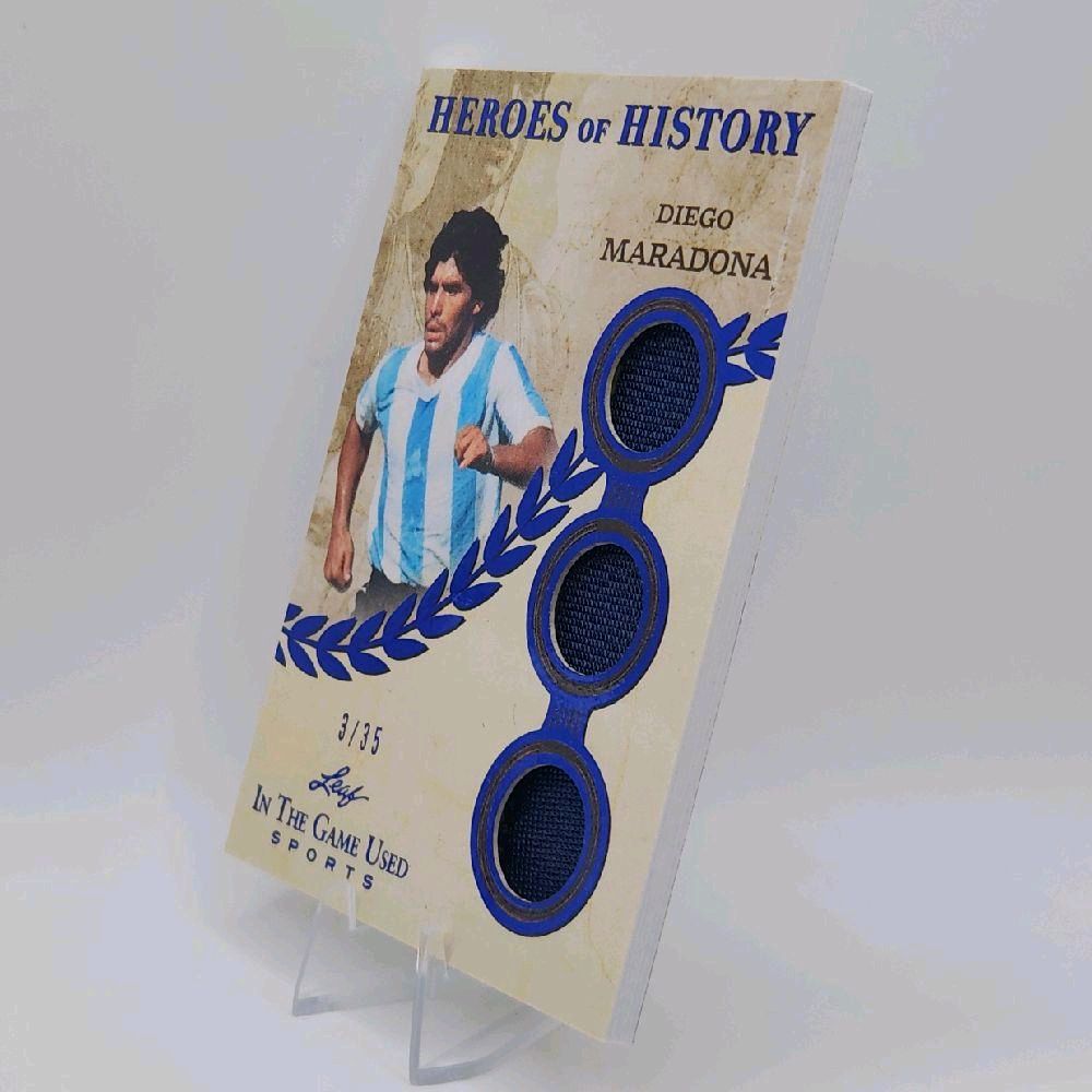 Diego Maradona - 2025 Leaf In The Game-Used Sports "Heroes Of History" Argentina Triple Jersey Patch Diego numbered to 3 of 35 Card