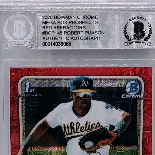 Robert Puason OaklandAthletics 2020 Bowman Chrome Mega Box Prospect Red Mojo Refractor 4 of 5 SSP Authentic Autograph Rookie Card - Beckett Authenticated (Extremely rare print!)