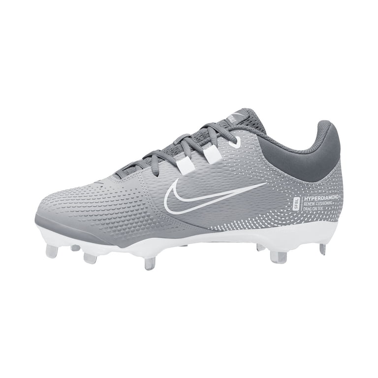Nike Women's Hyperdiamond 4 Pro Metal in the Wolf Grey / White / Cool Grey colorway Softball/ Baseball Cleats