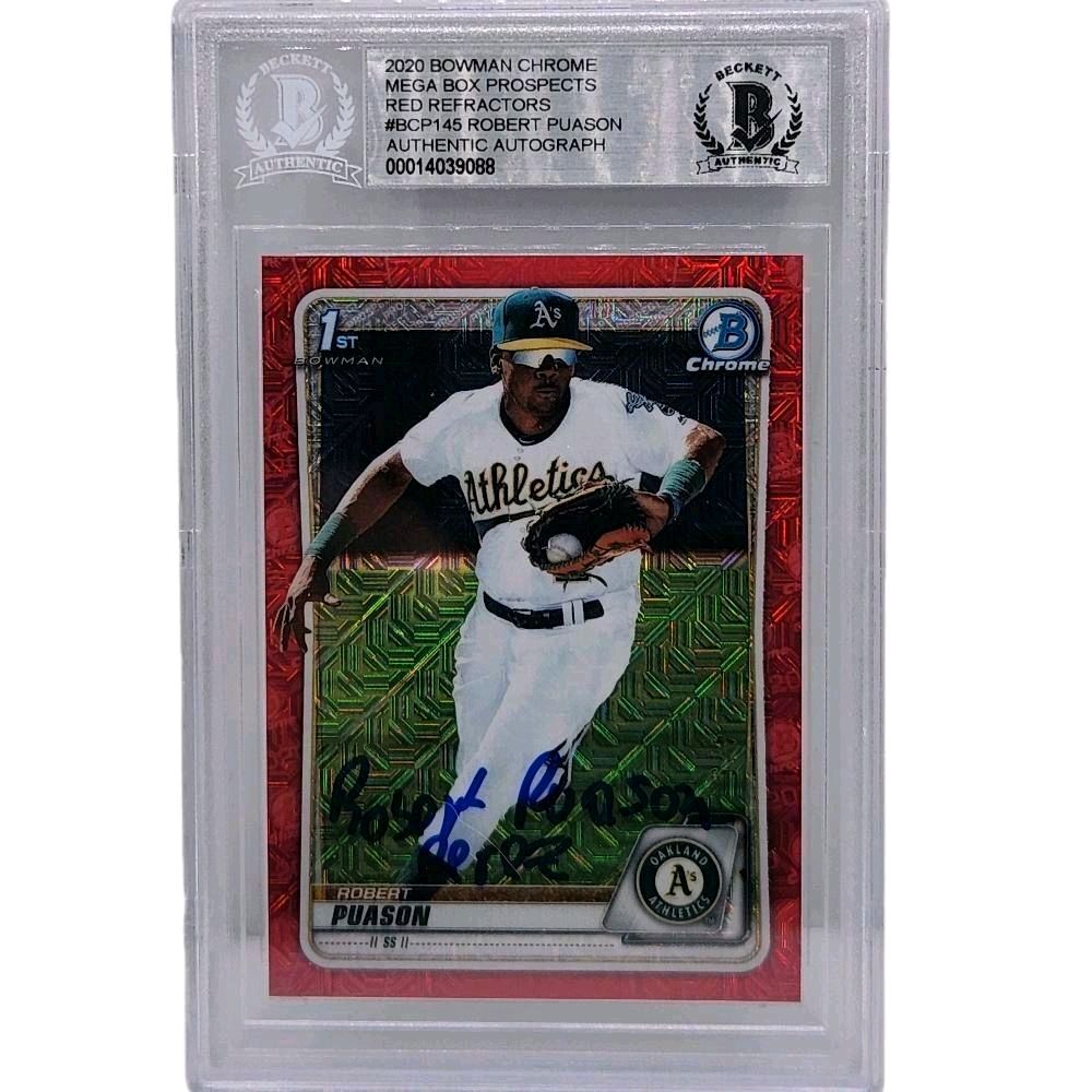 Robert Puason OaklandAthletics 2020 Bowman Chrome Mega Box Prospect Red Mojo Refractor 4 of 5 SSP Authentic Autograph Rookie Card - Beckett Authenticated (Extremely rare print!)