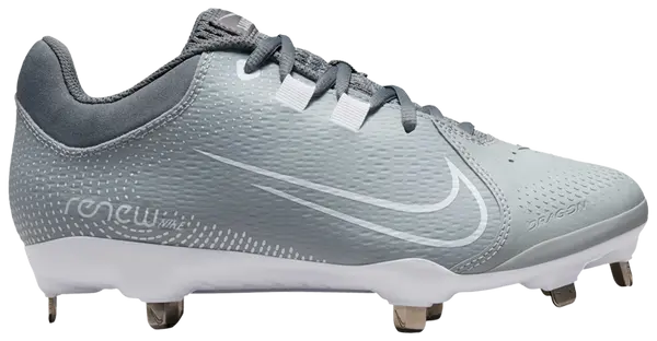 Nike Women's Hyperdiamond 4 Pro Metal in the Wolf Grey / White / Cool Grey colorway Softball/ Baseball Cleats
