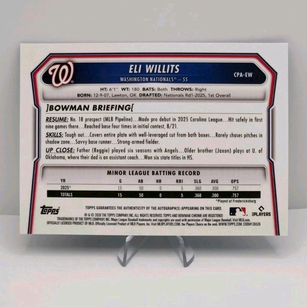 Eli Willits Nationals 2026 Bowman Chrome True Blue Autograph 002 Of 150 SP Card