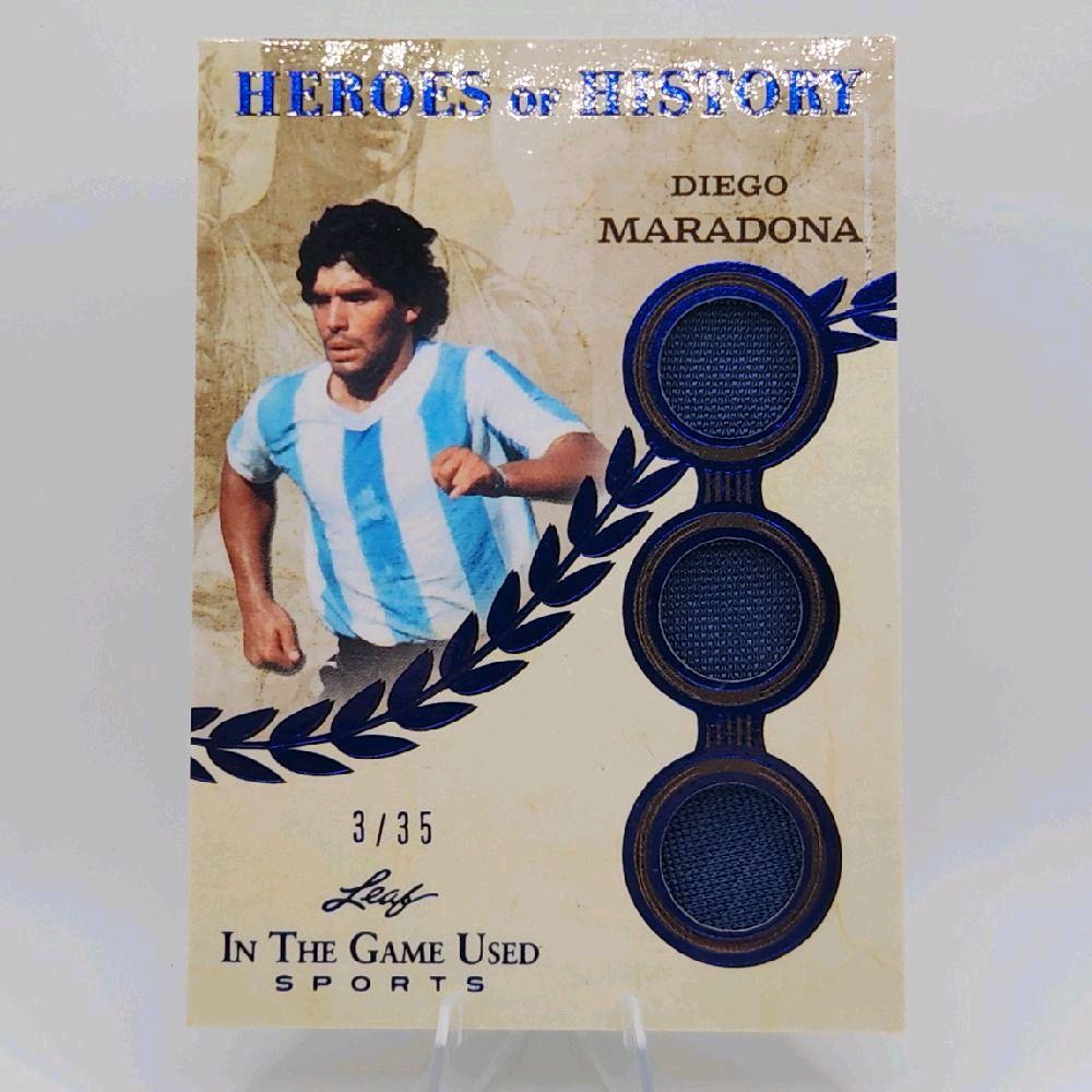 Diego Maradona - 2025 Leaf In The Game-Used Sports "Heroes Of History" Argentina Triple Jersey Patch Diego numbered to 3 of 35 Card