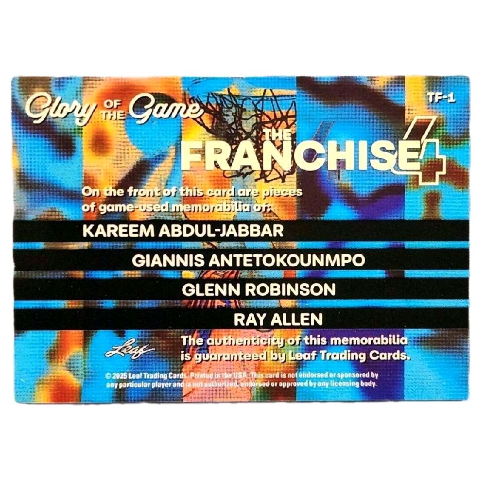 Giannis / Abdul-Jabbar / Robinson / Allen 2025 Leaf Glory Of The Game "The Franchise 4" 12/35 Quad Game-Worn Jersey Card
