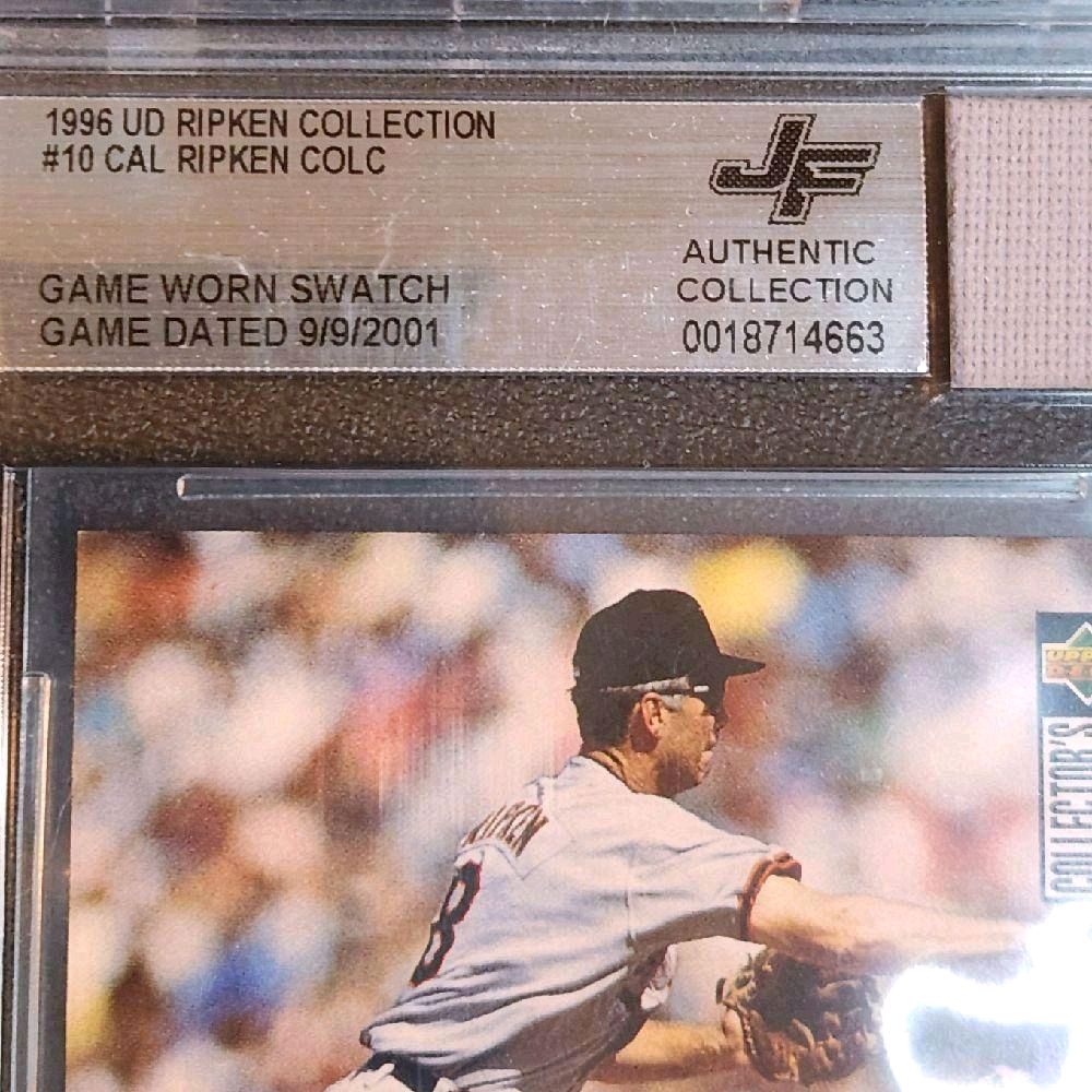 Cal Ripken Jr Baltimore Orioles Game-Worn Swatch "dated 9/9/2001," Retirement Season - 1996 Upper Deck Collector's Choice "Ripken Collection" #10 Mint Card, By Jersey Fusion