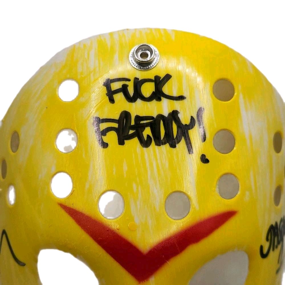 Friday The 13th Movie Jason Classic Yellow Hockey Mask Autographed / Inscribed "Fuck Freddy & Jason 1" By The Original Actor & Movie Icon Ari Lehman Beckett Authenticated