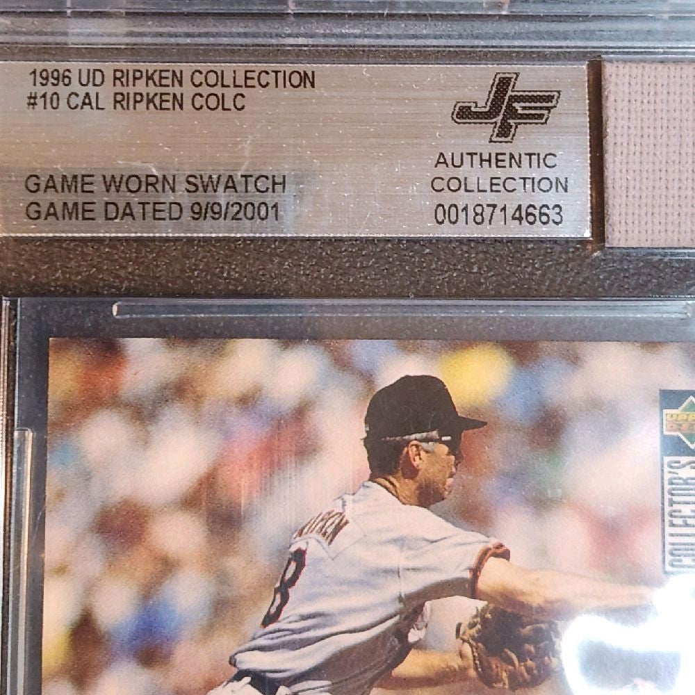 Cal Ripken Jr Baltimore Orioles Game-Worn Swatch "dated 9/9/2001," Retirement Season - 1996 Upper Deck Collector's Choice "Ripken Collection" #10 Mint Card, By Jersey Fusion