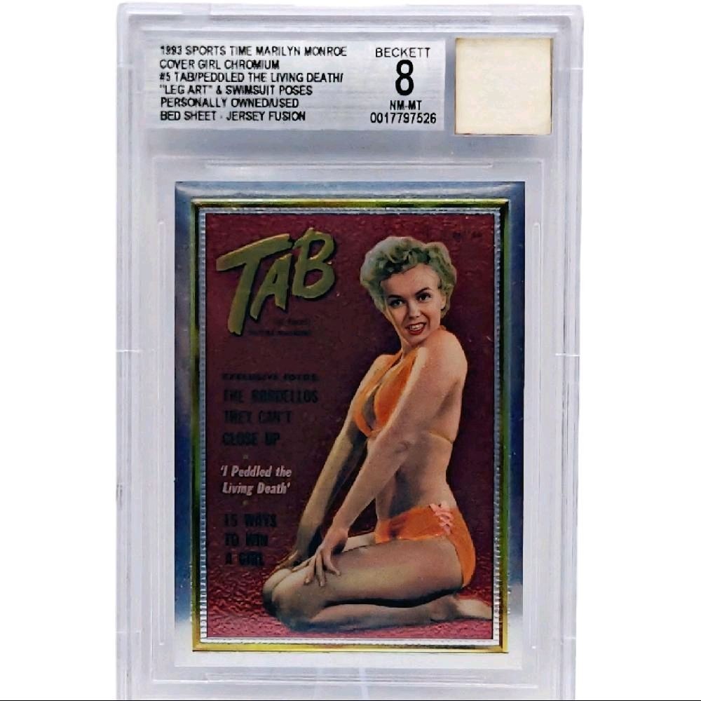 Marilyn Monroe - 1993 Sports Time Cover Girl Chromium #5, TAB/PEDDLED THE LIVING DEATH/ "LEG ART" & SWIMSUIT POSES PERSONALLY OWNED/WORN BED SHEET JERSEY FUSION