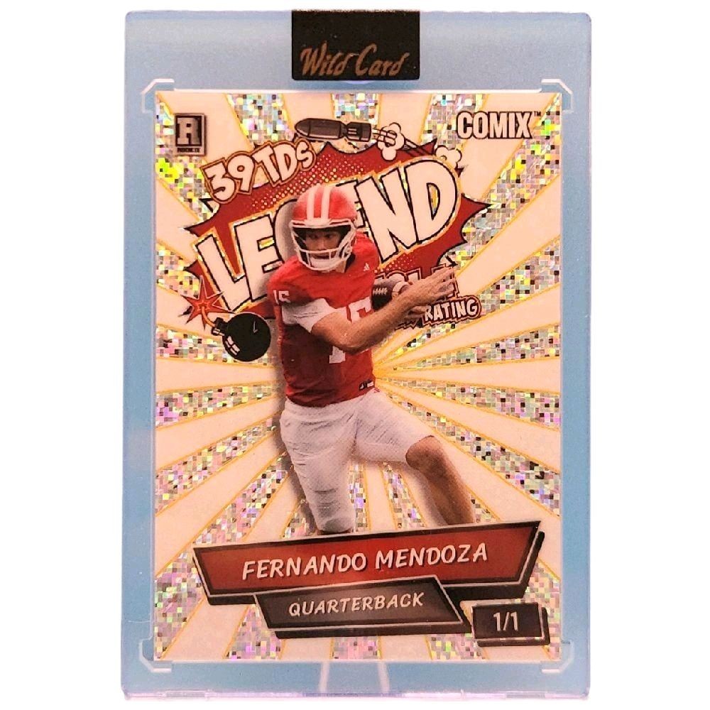 Fernando Mendoza Indiana Hoosiers  1 of 1 - 2025 Wild Card Football "39 TDs Boomb Legend" Holographic Glitter White & Silver Color Bast" Sealed Card