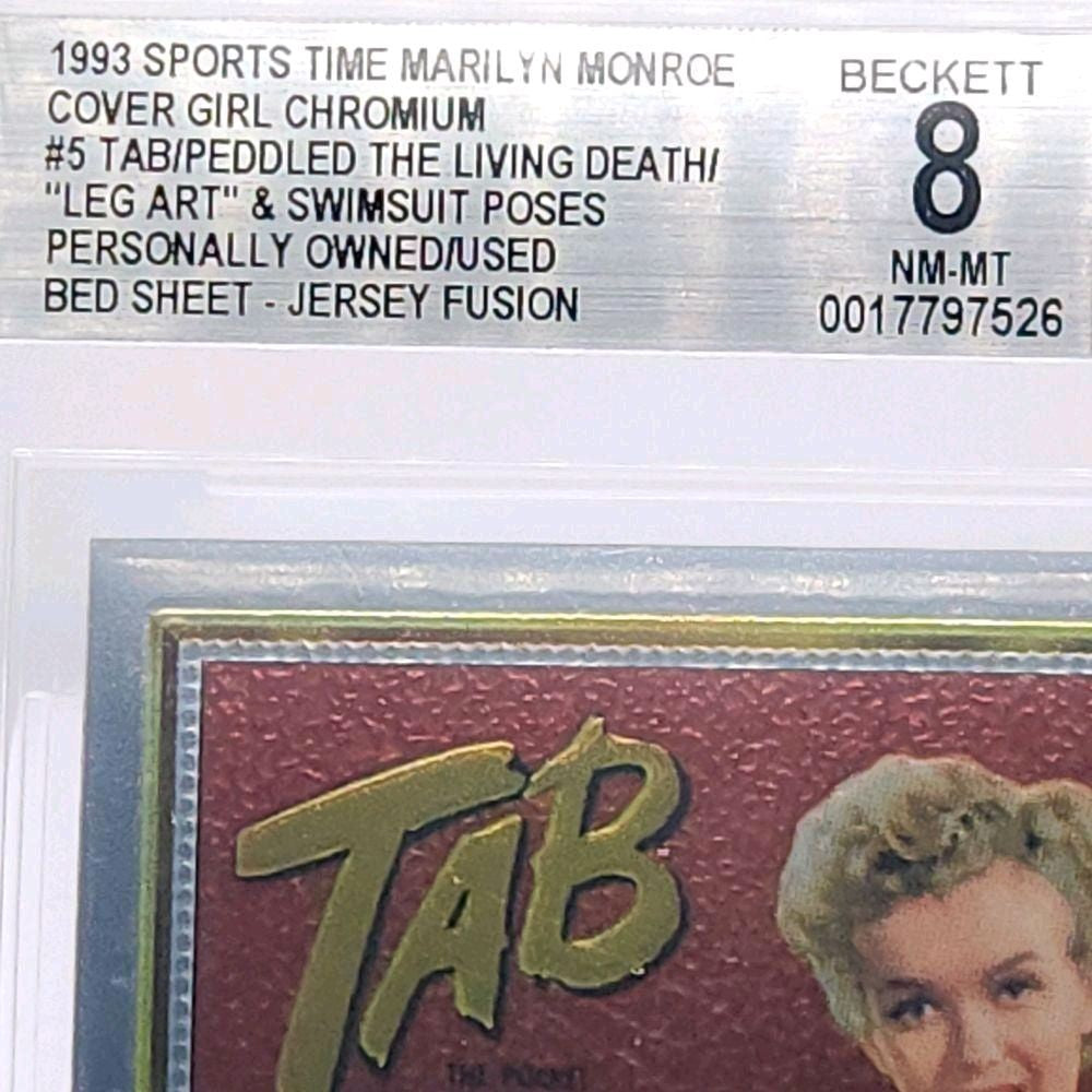 Marilyn Monroe - 1993 Sports Time Cover Girl Chromium #5, TAB/PEDDLED THE LIVING DEATH/ "LEG ART" & SWIMSUIT POSES PERSONALLY OWNED/WORN BED SHEET JERSEY FUSION