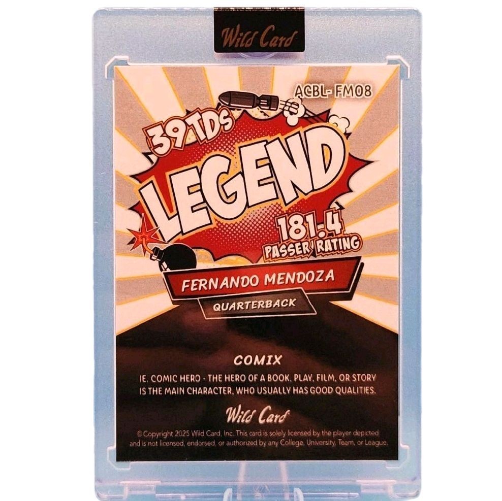 Fernando Mendoza Indiana Hoosiers  1 of 1 - 2025 Wild Card Football "39 TDs Boomb Legend" Holographic Glitter White & Silver Color Bast" Sealed Card