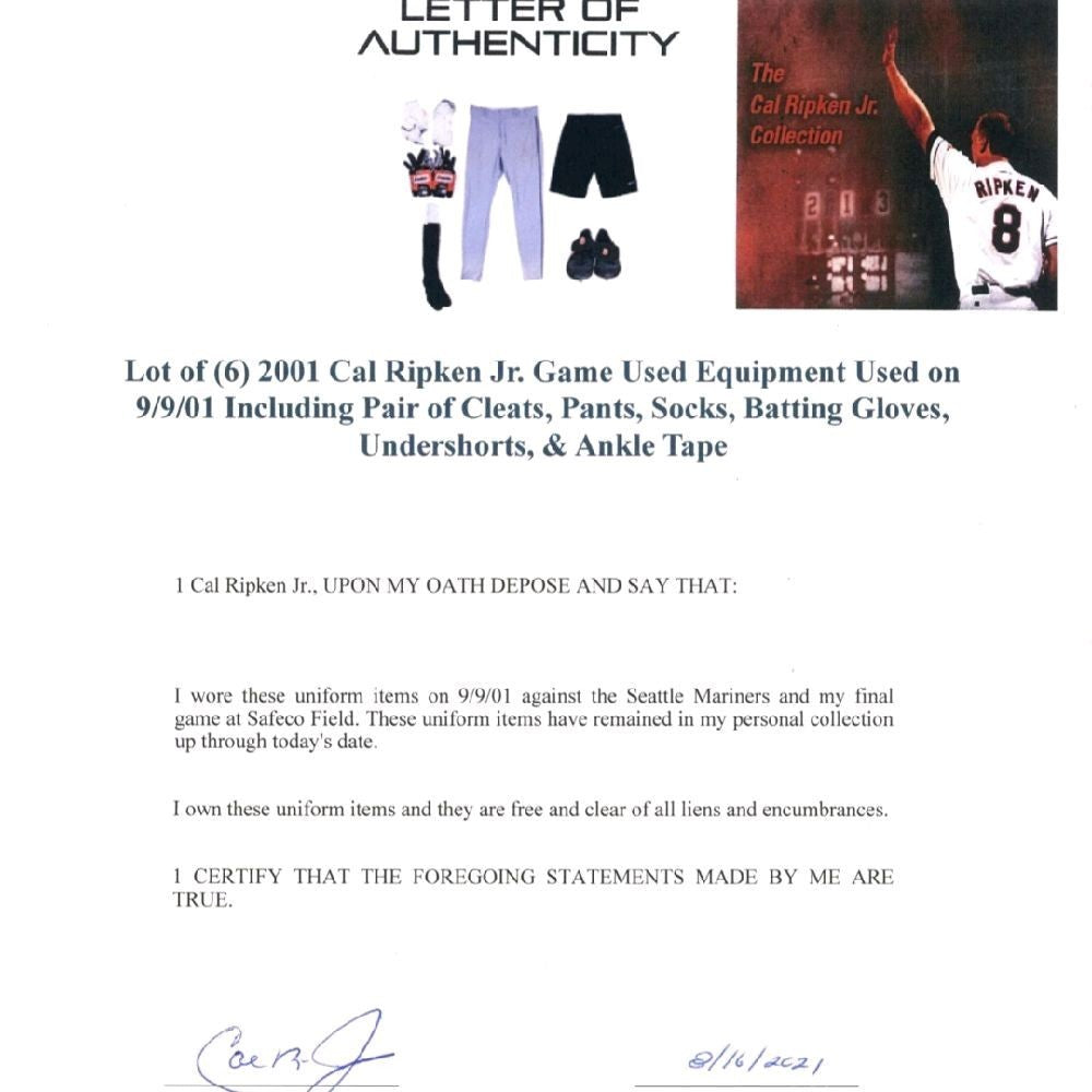 Cal Ripken Jr Baltimore Orioles Game-Worn Swatch "dated 9/9/2001," Retirement Season - 1996 Upper Deck Collector's Choice "Ripken Collection" #10 Mint Card, By Jersey Fusion