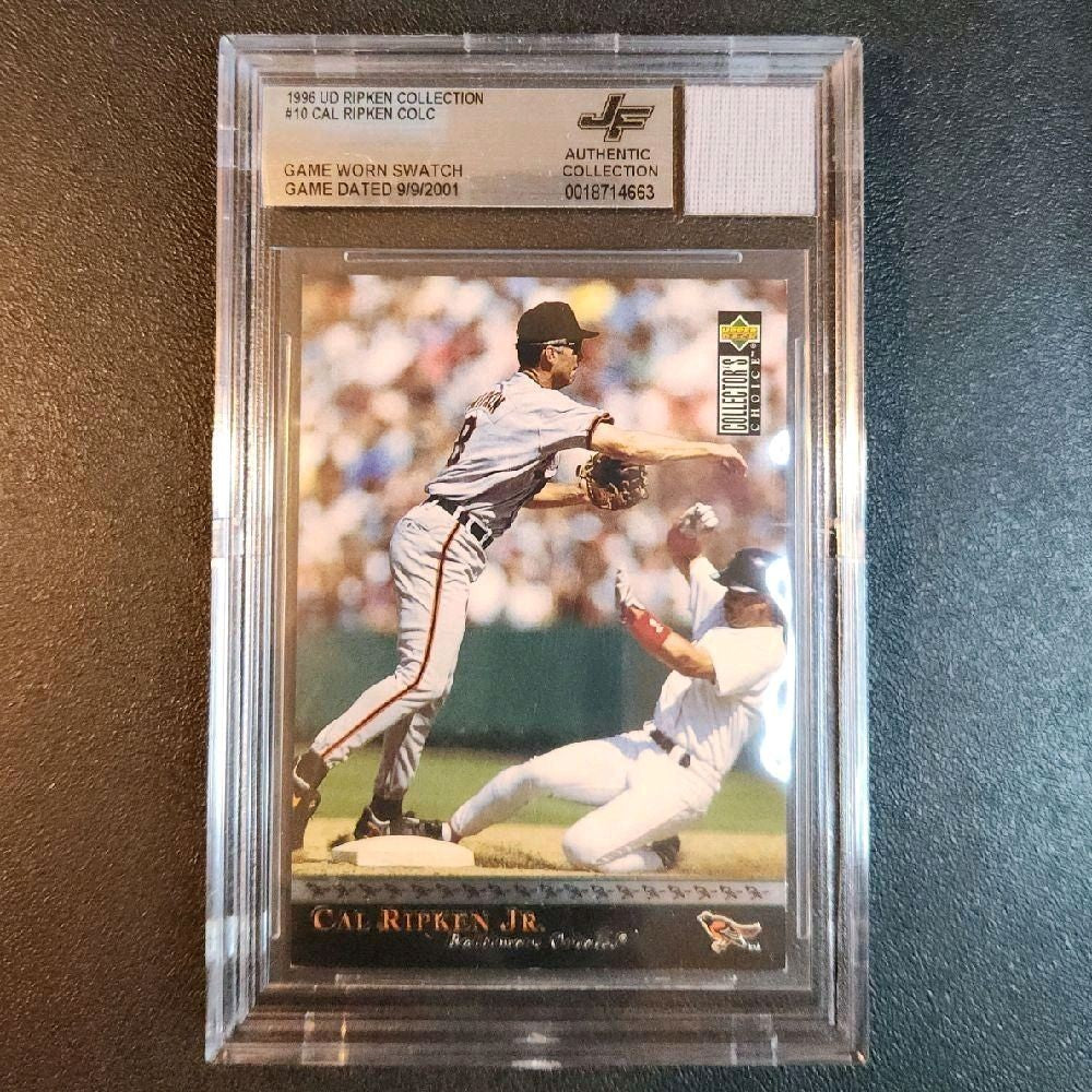 Cal Ripken Jr Baltimore Orioles Game-Worn Swatch "dated 9/9/2001," Retirement Season - 1996 Upper Deck Collector's Choice "Ripken Collection" #10 Mint Card, By Jersey Fusion